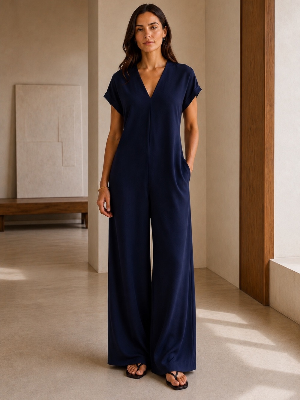 Roucha Wide Leg Crepe Jumpsuit Navy Blue Size 3 L/XL